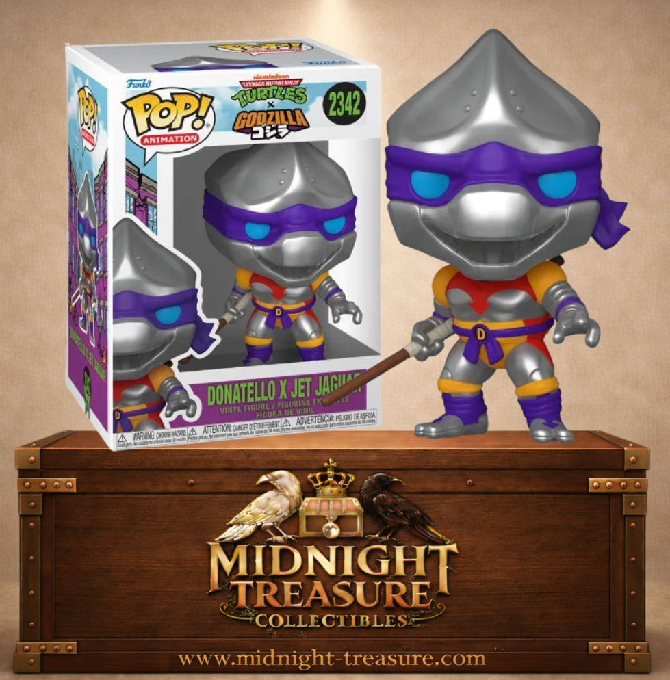 Funko Pop! Animation N°2342 – Donatello x Jet Jaguar portant une armure métallique inspirée du robot Jet Jaguar dans le crossover TMNT x Godzilla.
