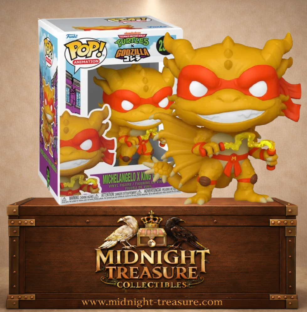 Funko Pop! Animation N°2344 – Michelangelo x King Ghidorah, fusion entre la Tortue Ninja et le célèbre dragon de l'univers Godzilla.