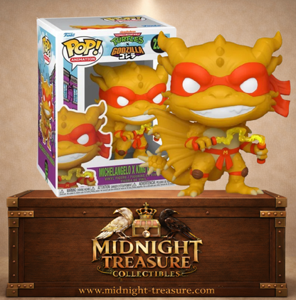 Funko Pop! Animation N°2344 – Michelangelo x King Ghidorah, fusion entre la Tortue Ninja et le célèbre dragon de l'univers Godzilla.