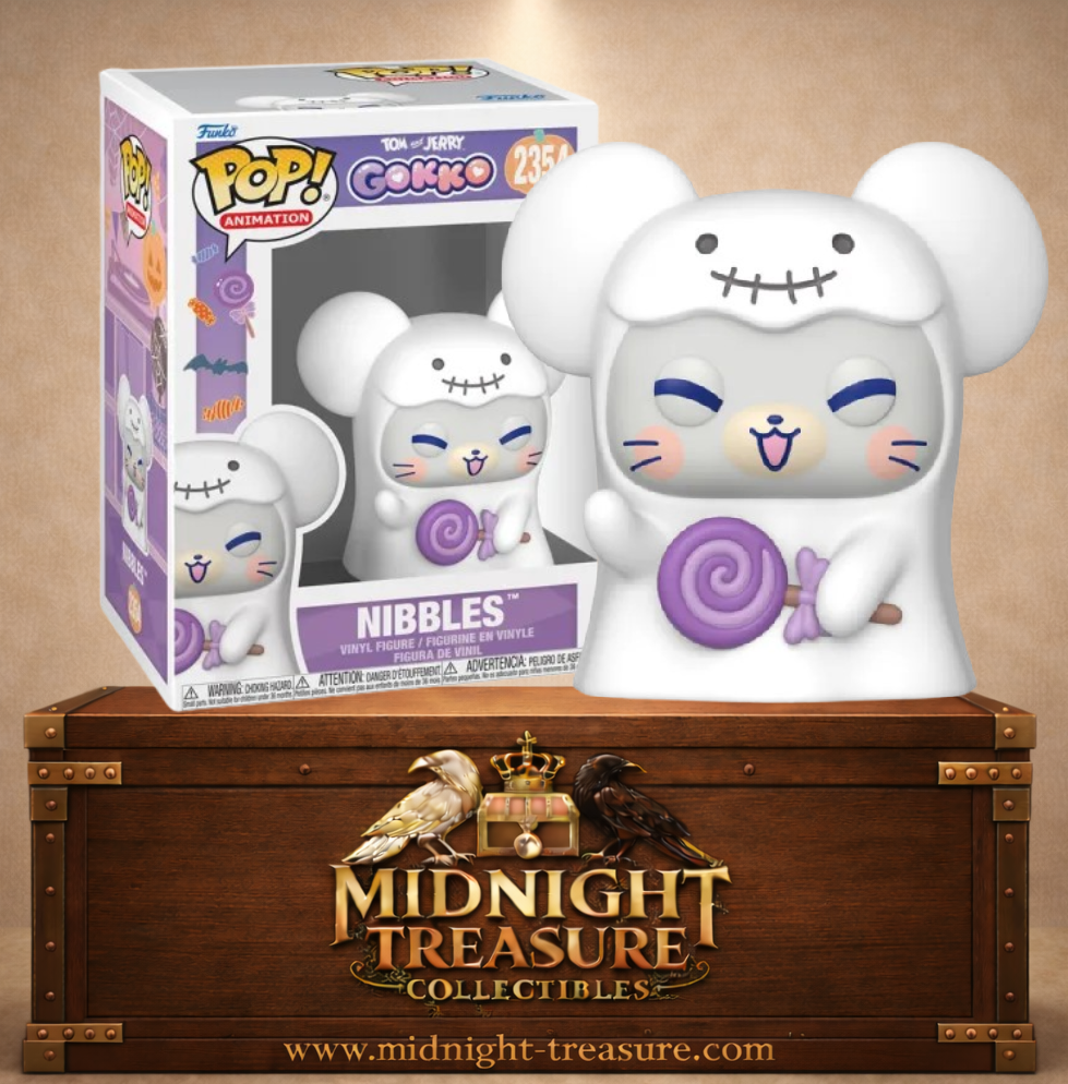 Funko Pop! Animation N°2354 – Nibbles alias Tuffy de Tom & Jerry Gokko déguisé en fantôme blanc avec une grande sucette violette.