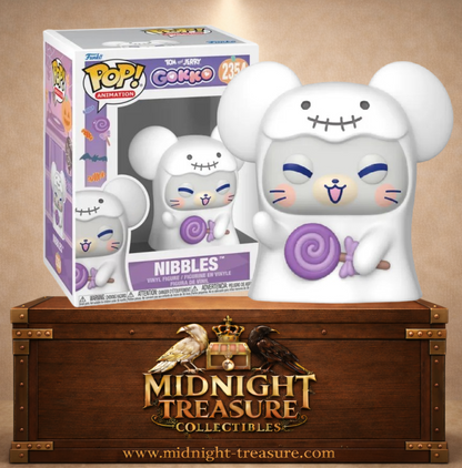 Funko Pop! Animation N°2354 – Nibbles alias Tuffy de Tom & Jerry Gokko déguisé en fantôme blanc avec une grande sucette violette.
