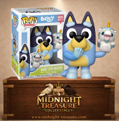 Funko Pop! N°2371 Bandit avec Unicorse de Bluey, tenant la célèbre marionnette licorne blanche à crinière bleue et corne dorée.