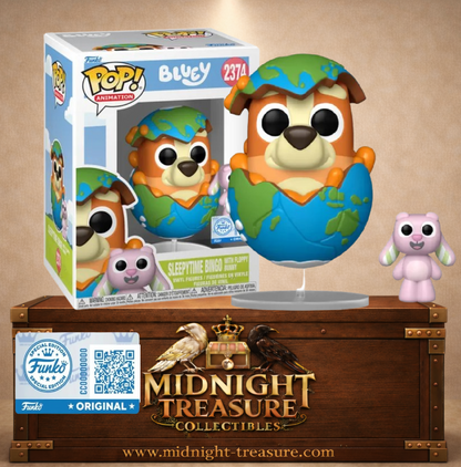 Funko Pop! & Buddy N°2374 Sleepytime Bingo de Bluey dans la Terre avec son lapin Floppy, inspirée de l’épisode C’est l’heure de dormir.