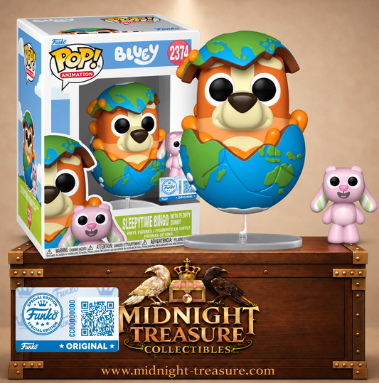 Funko Pop! & Buddy N°2374 Sleepytime Bingo de Bluey dans la Terre avec son lapin Floppy, inspirée de l’épisode C’est l’heure de dormir.