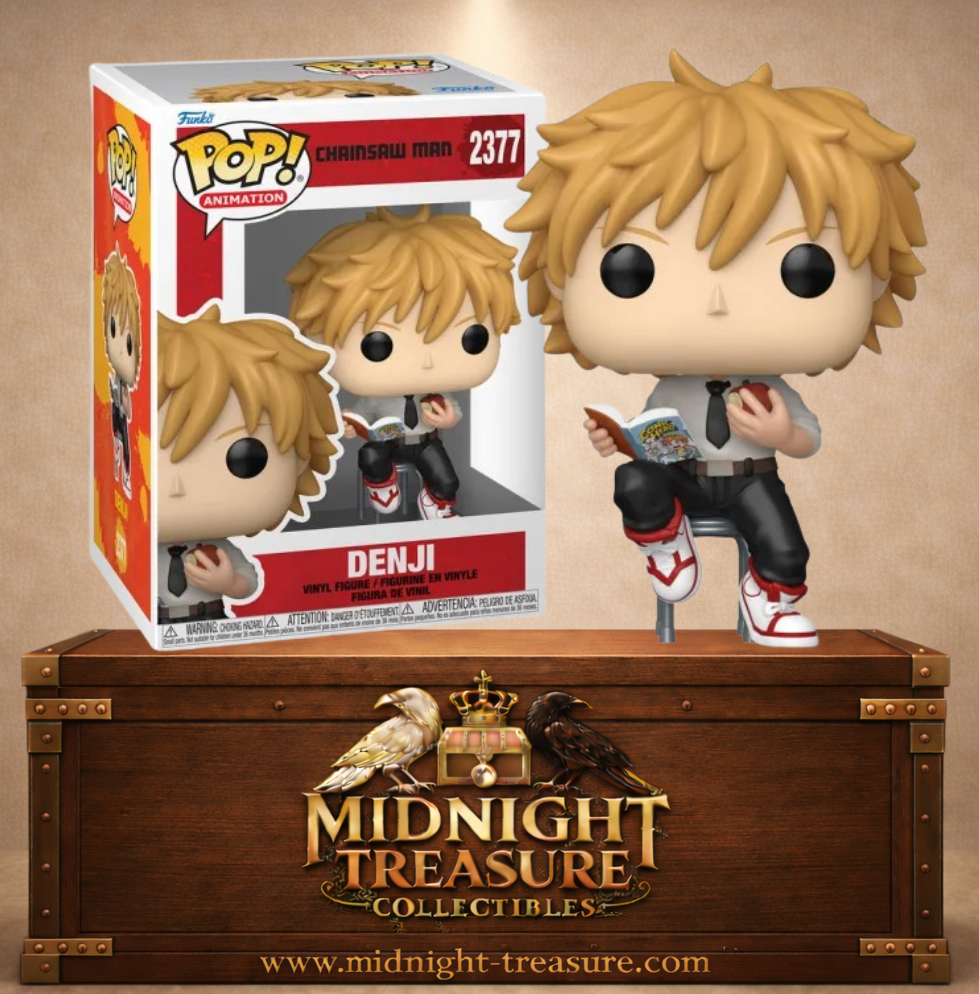 Funko Pop! N°2377 Denji Reading de Chainsaw Man assis sur un tabouret avec une pomme croquée et un magazine ouvert.