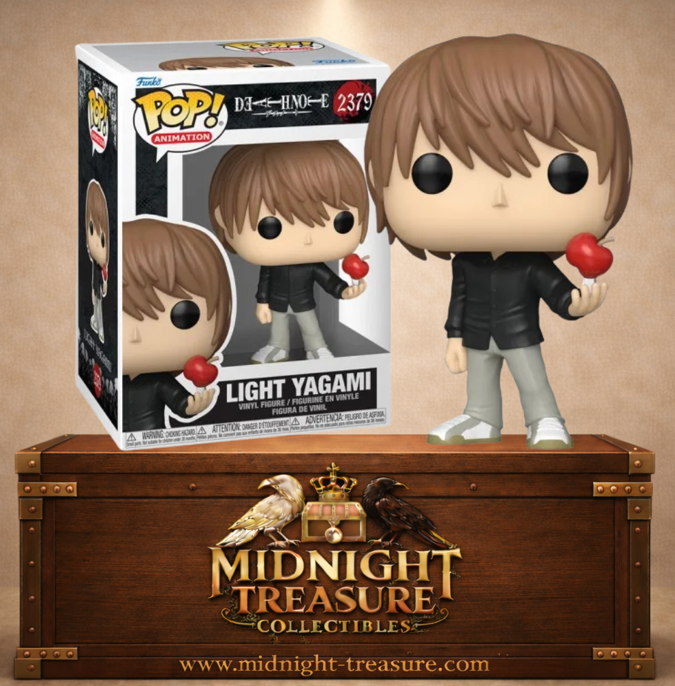 Funko Pop! N°2379 Light Yagami de Death Note avec chemise noire, pantalon gris et pomme rouge à la main.