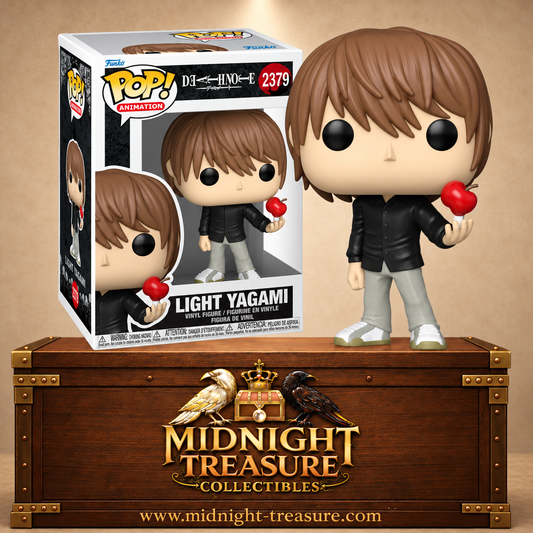 Funko Pop! N°2379 Light Yagami de Death Note avec chemise noire, pantalon gris et pomme rouge à la main.