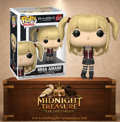 Funko Pop! N°2380 Misa Amane de Death Note avec cheveux blonds en couettes, haut bordeaux, jupe noire et chaussettes rayées.