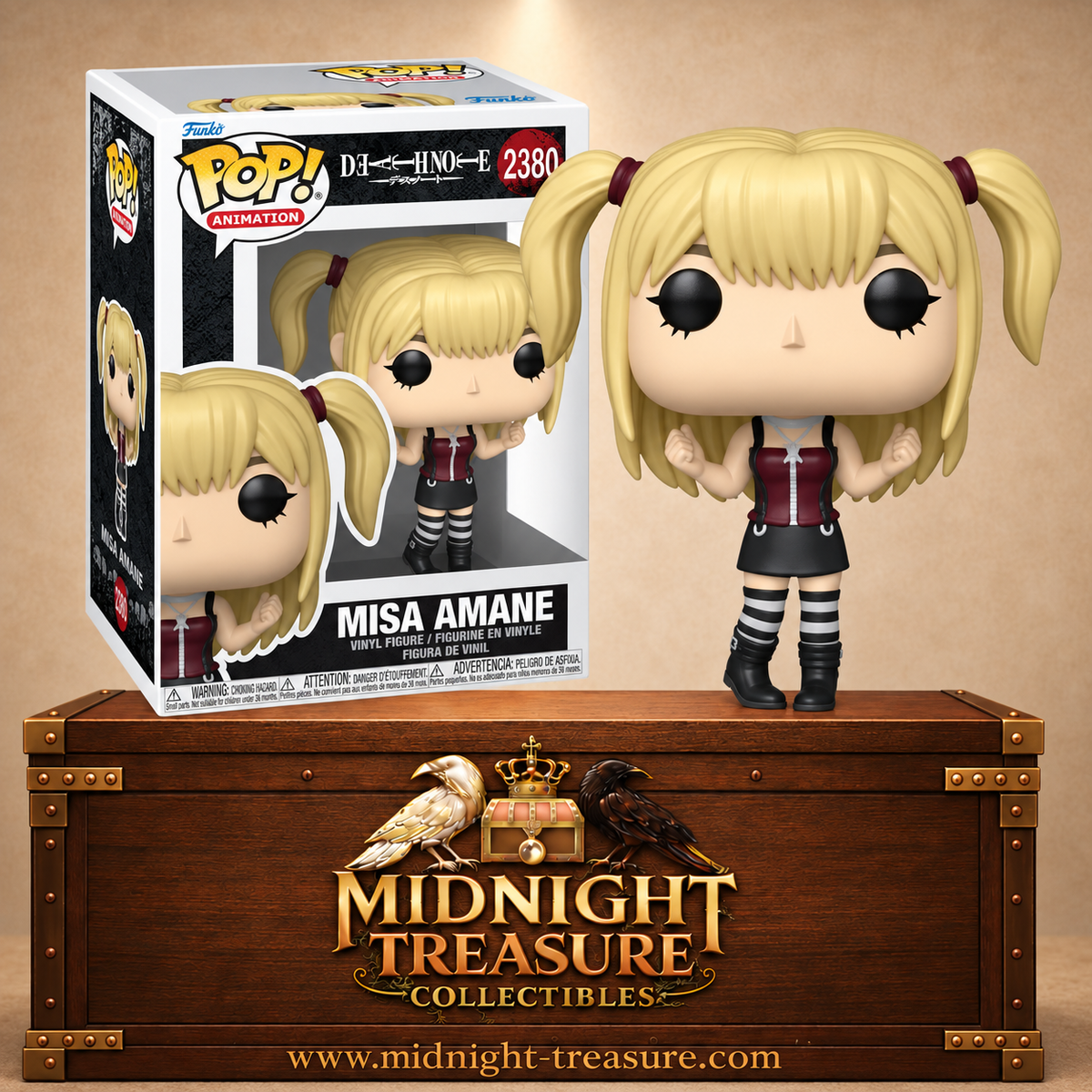 Funko Pop! N°2380 Misa Amane de Death Note avec cheveux blonds en couettes, haut bordeaux, jupe noire et chaussettes rayées.