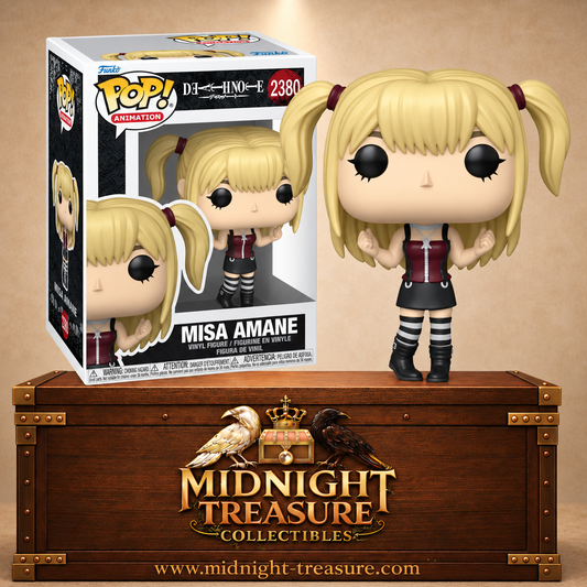 Funko Pop! N°2380 Misa Amane de Death Note avec cheveux blonds en couettes, haut bordeaux, jupe noire et chaussettes rayées.