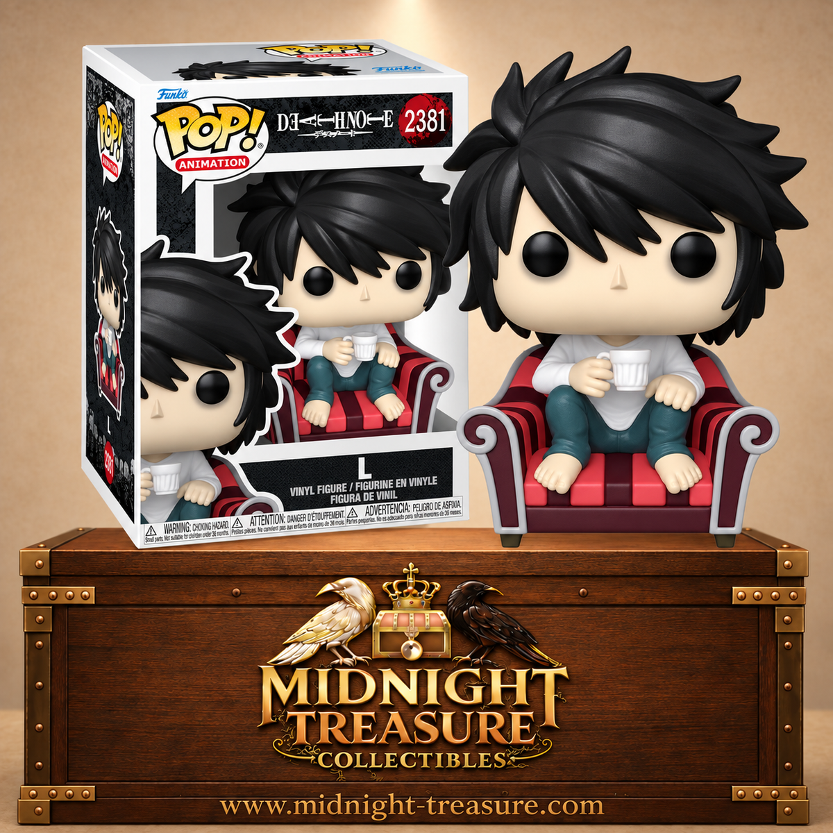 Funko Pop! Animation N°2381 L de Death Note assis pieds nus dans un fauteuil rouge avec une tasse à la main.