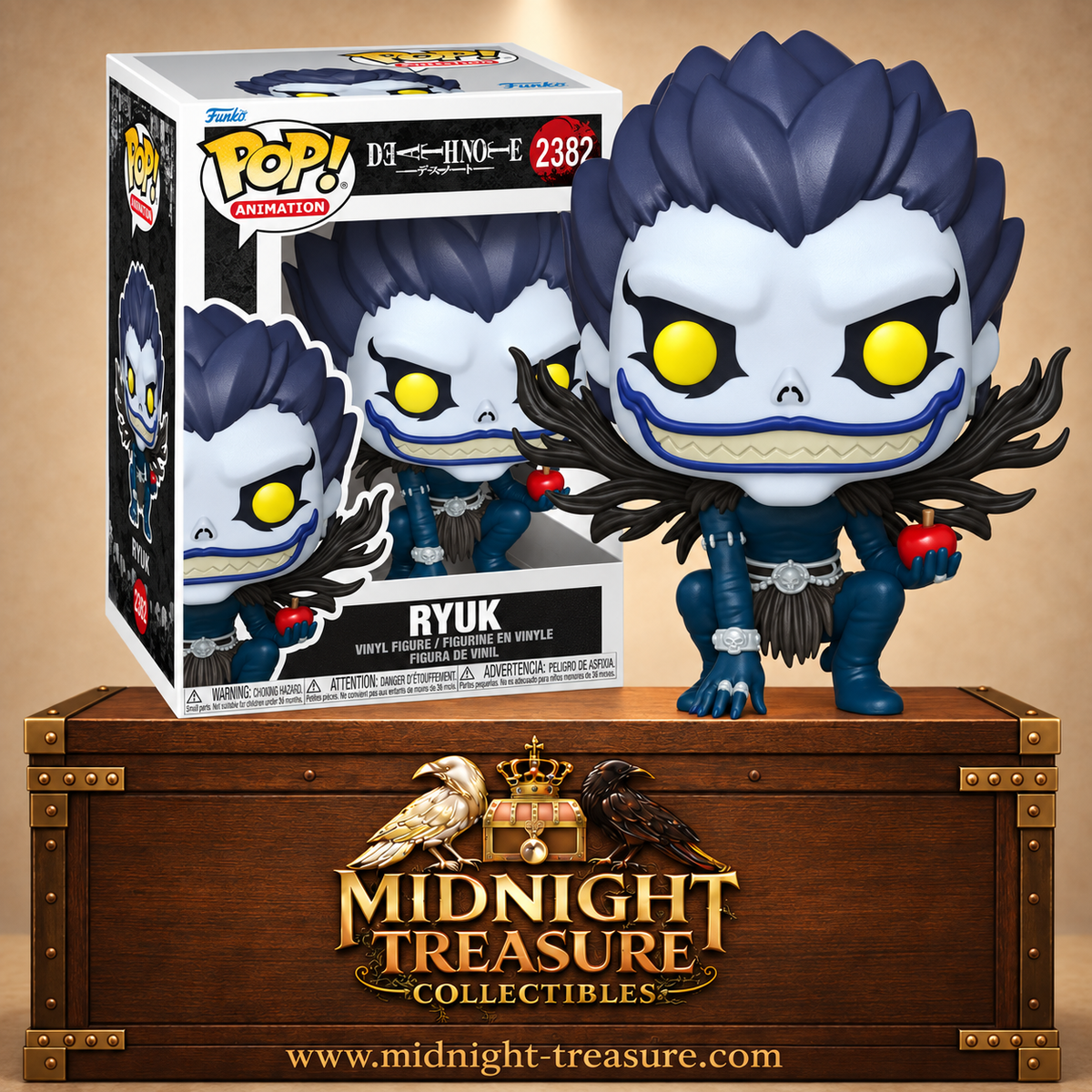 Funko Pop! Animation N°2382 Ryuk de Death Note accroupi avec ses grandes ailes noires déployées et une pomme rouge à la main.