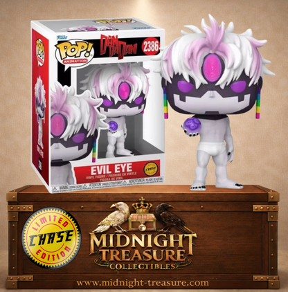 Funko Pop! N°2386 Evil Eye Chase de Dandadan, transformation de Jiji avec cheveux blancs, troisième œil rose et Grudge Ball.