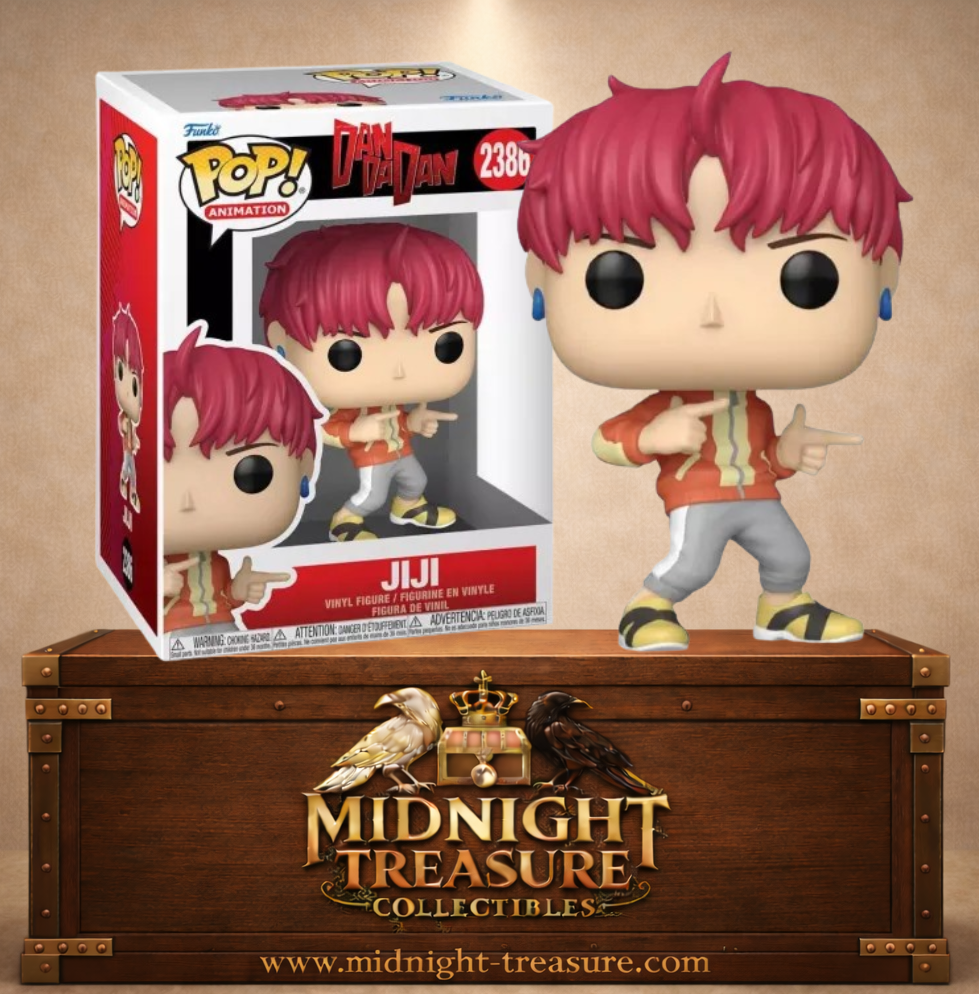 Funko Pop! N°2386 Jiji Jin Enjoji de Dandadan avec cheveux rouges, sweat orange et gris et pose avec les doigts en forme de pistolets.