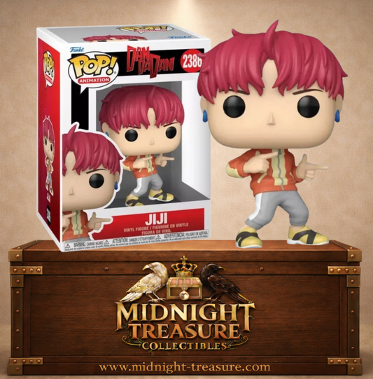 Funko Pop! N°2386 Jiji Jin Enjoji de Dandadan avec cheveux rouges, sweat orange et gris et pose avec les doigts en forme de pistolets.