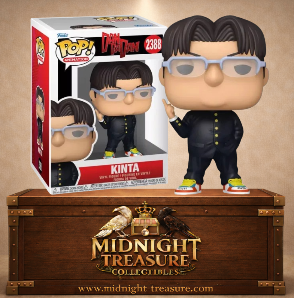 Funko Pop! N°2388 Kinta Sakata de Dandadan avec uniforme noir de Kami High, lunettes bleu clair et baskets multicolores.
