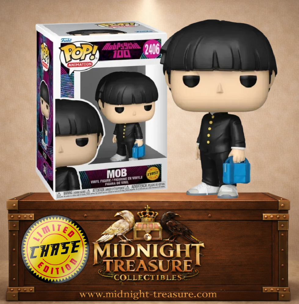 Funko Pop! Animation N°2406 Mob Chase de Mob Psycho 100 en uniforme scolaire noir avec un sac bleu à la main.