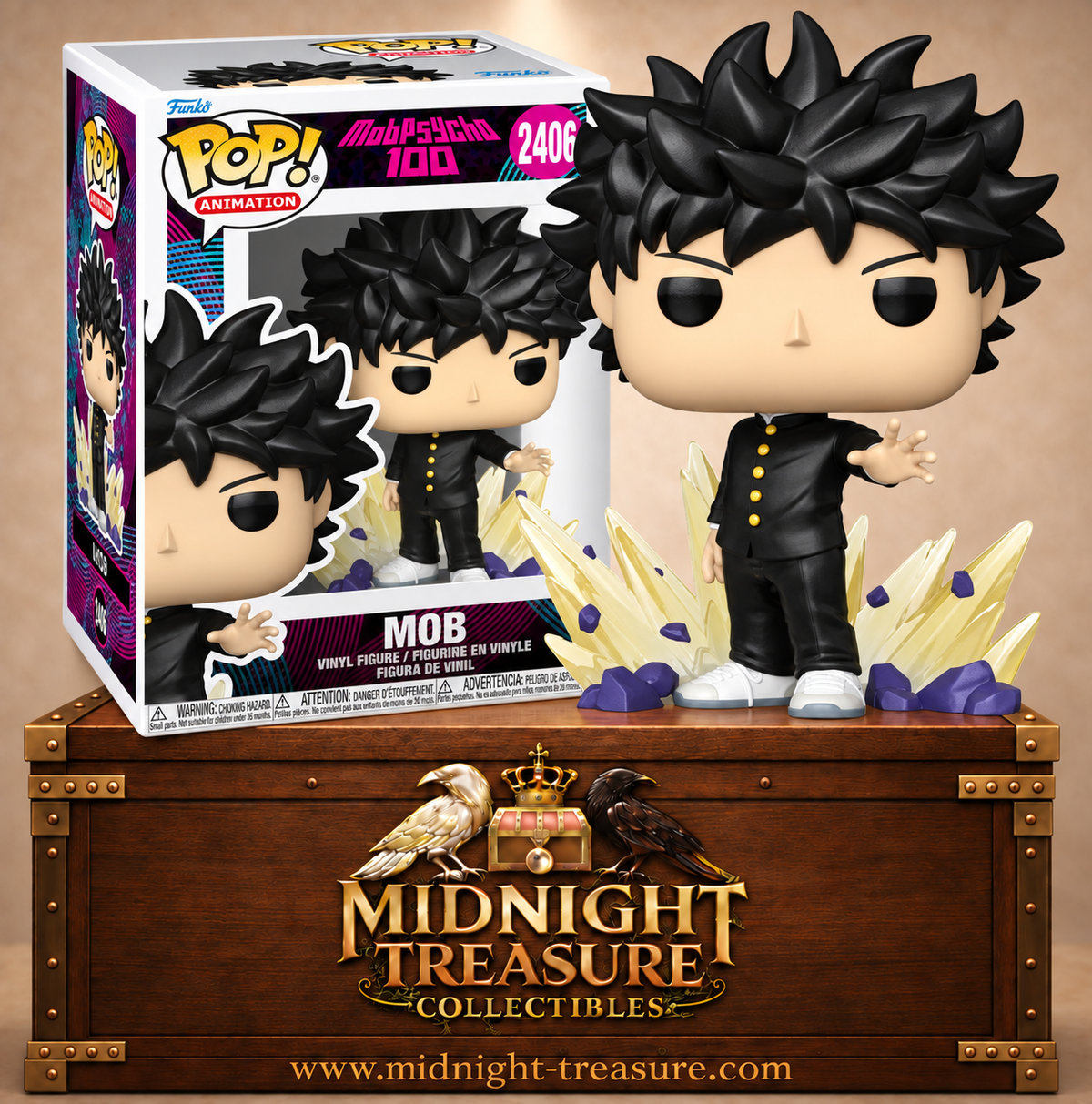 Funko Pop! Animation N°2406 Mob, Shigeo Kageyama en uniforme noir utilisant ses pouvoirs psychiques dans Mob Psycho 100.
