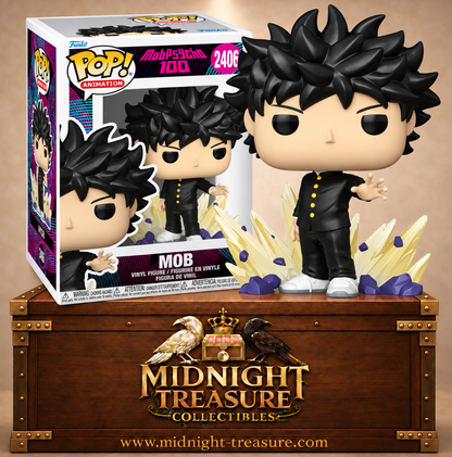 Funko Pop! Animation N°2406 Mob, Shigeo Kageyama en uniforme noir utilisant ses pouvoirs psychiques dans Mob Psycho 100.