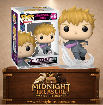 Funko Pop! N°2407 Arataka Reigen de Mob Psycho 100 en costume gris utilisant sa technique Salt Splash avec projection de sel.
