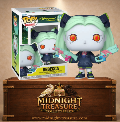 Funko Pop! Animation N°2415 – Rebecca tenant ses deux pistolets, inspirée de l'anime Cyberpunk: Edgerunners.