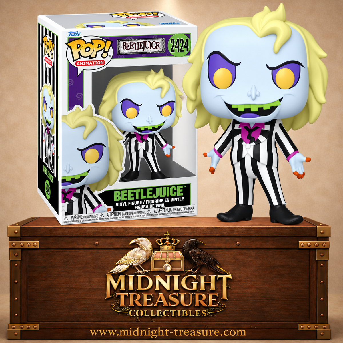 Funko Pop! Animation N°2424 Beetlejuice de la série animée avec costume rayé noir et blanc, cheveux blonds et visage bleu pâle.