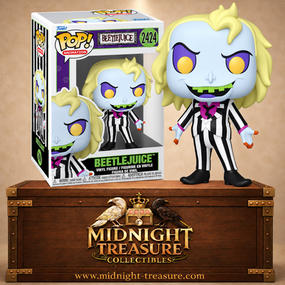 Funko Pop! Animation N°2424 Beetlejuice de la série animée avec costume rayé noir et blanc, cheveux blonds et visage bleu pâle.