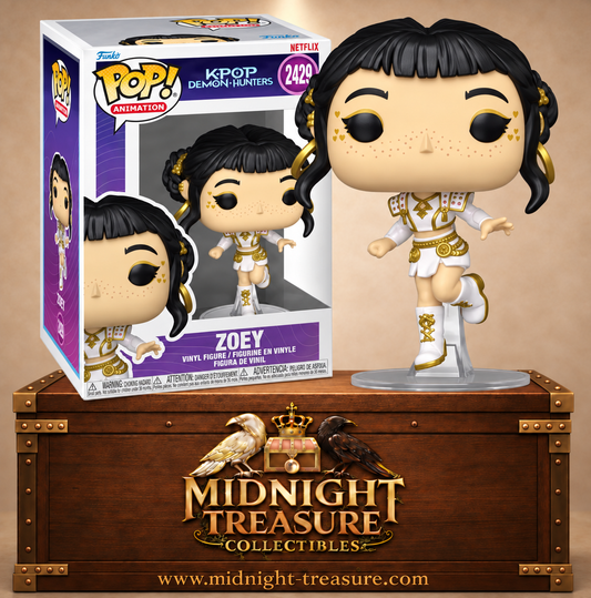 Funko Pop! Animation N°2429 Zoey de KPop Demon Hunters dans sa tenue blanche et dorée de What It Sounds Like, en pleine performance.