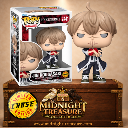 Funko Pop! Animation N°2441 Jin Kougasaki Chase de Tougen Anki sans masque, avec cicatrices visibles et sang matérialisé entre ses mains.