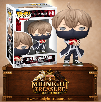 Funko Pop! Animation N°2441 Jin Kougasaki de Tougen Anki avec masque noir, uniforme de l’Académie Rasetsu et sang matérialisé entre ses mains.