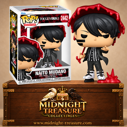 Funko Pop! Animation N°2442 Naito Mudano de Tougen Anki : La Légende du sang maudit avec tenue noire et parapluie de sang rouge.