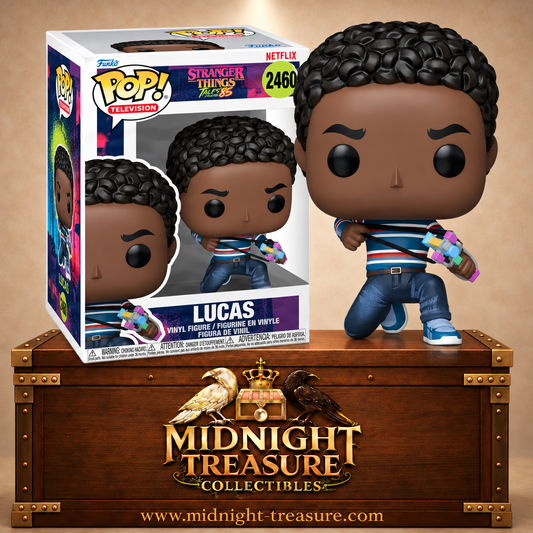 Funko Pop! Television N°2460 Lucas de Stranger Things : Chroniques de 1985 en tenue rayée avec son lance-pierre.