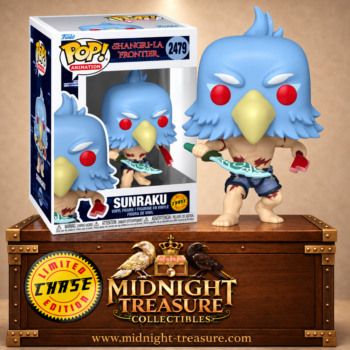 Funko Pop! Animation N°2479 Sunraku Chase de Shangri-La Frontier avec masque d’oiseau bleu, marques de Lycaon et Marsh Dagger.