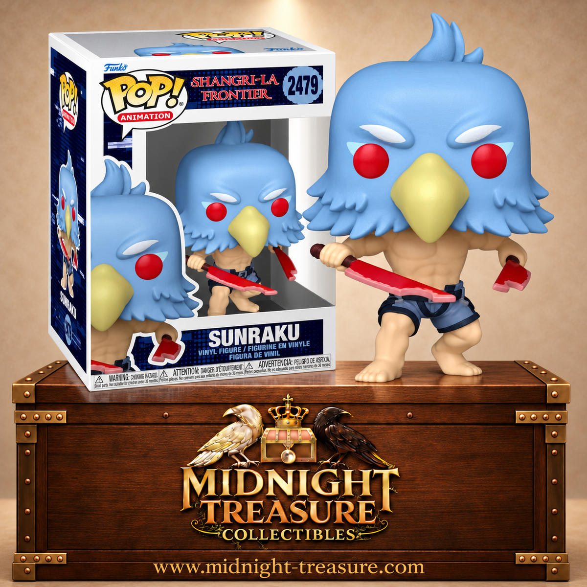 Funko Pop! Animation N°2479 Sunraku de Shangri-La Frontier avec masque d’oiseau bleu aux yeux rouges, short sombre et deux lames.