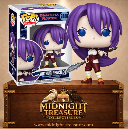 Funko Pop! Animation N°2480 Arthur Pencilgon de Shangri-La Frontier avec longue chevelure violette, armure blanche et bordeaux et lance Caledfwlch.