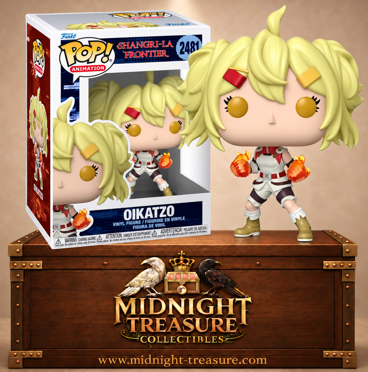 Funko Pop! Animation N°2481 Oikatzo de Shangri-La Frontier avec cheveux blonds, tenue de combattante blanche et rouge et poings entourés d’énergie.
