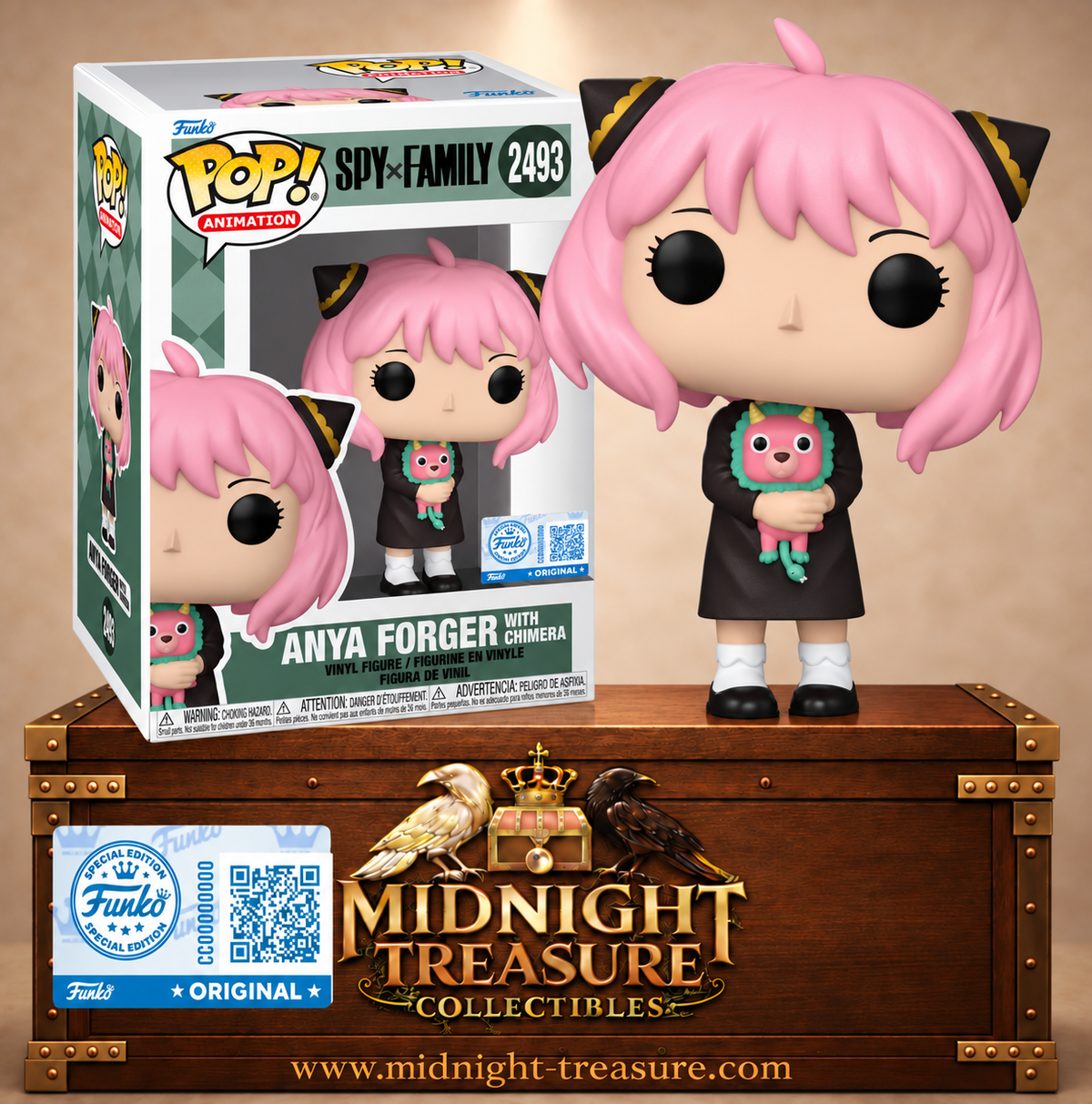 Funko Pop! Animation N°2493 Anya Forger de Spy × Family avec cheveux roses et sa peluche Chimera dans les bras.