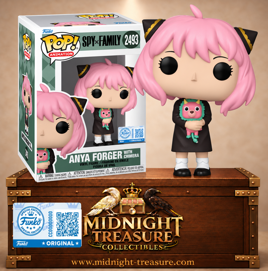 Funko Pop! Animation N°2493 Anya Forger de Spy × Family avec cheveux roses et sa peluche Chimera dans les bras.