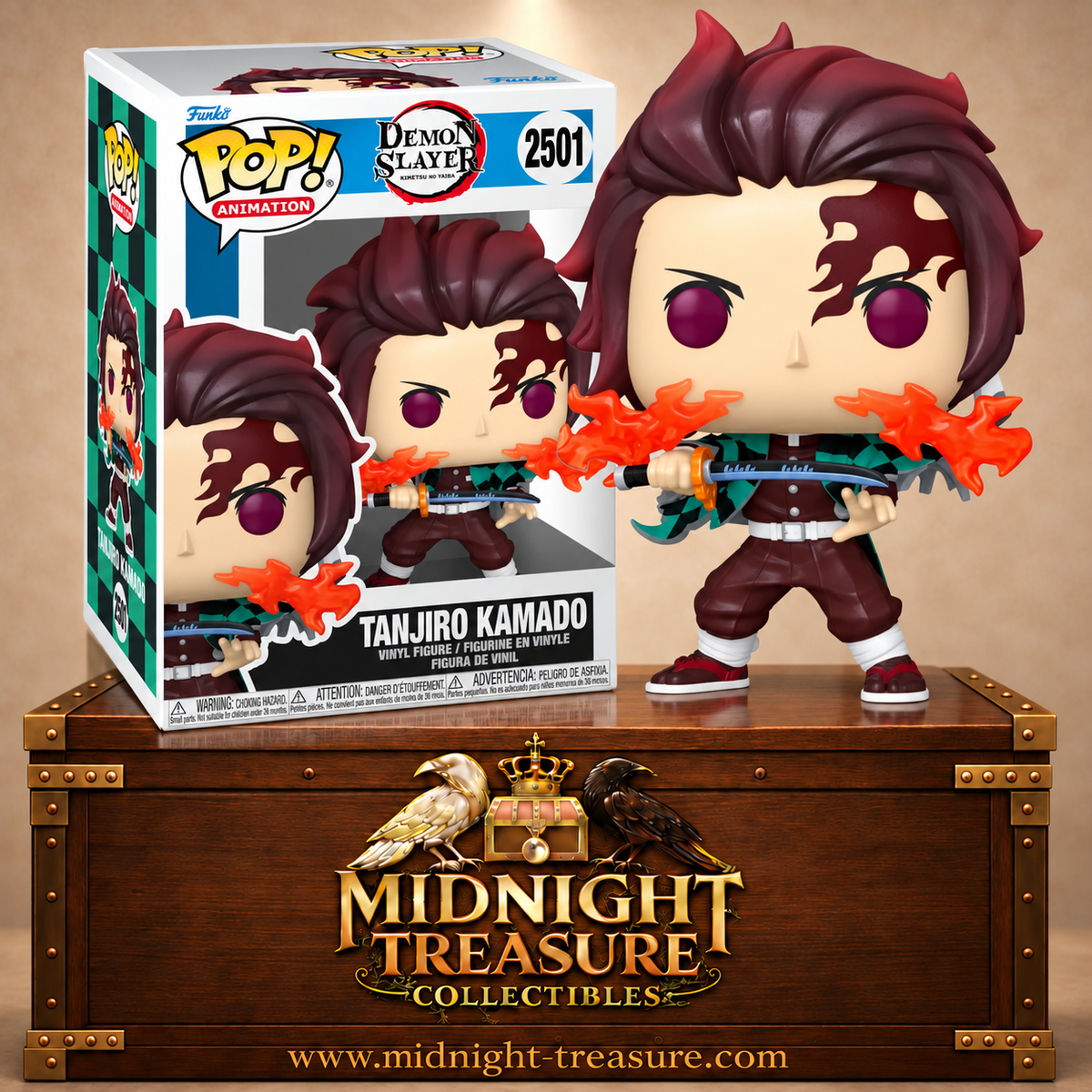 Funko Pop! Animation N°2501 Tanjiro Kamado Fire Breathing de Demon Slayer avec sabre Nichirin noir et Souffle du Feu rouge orangé.
