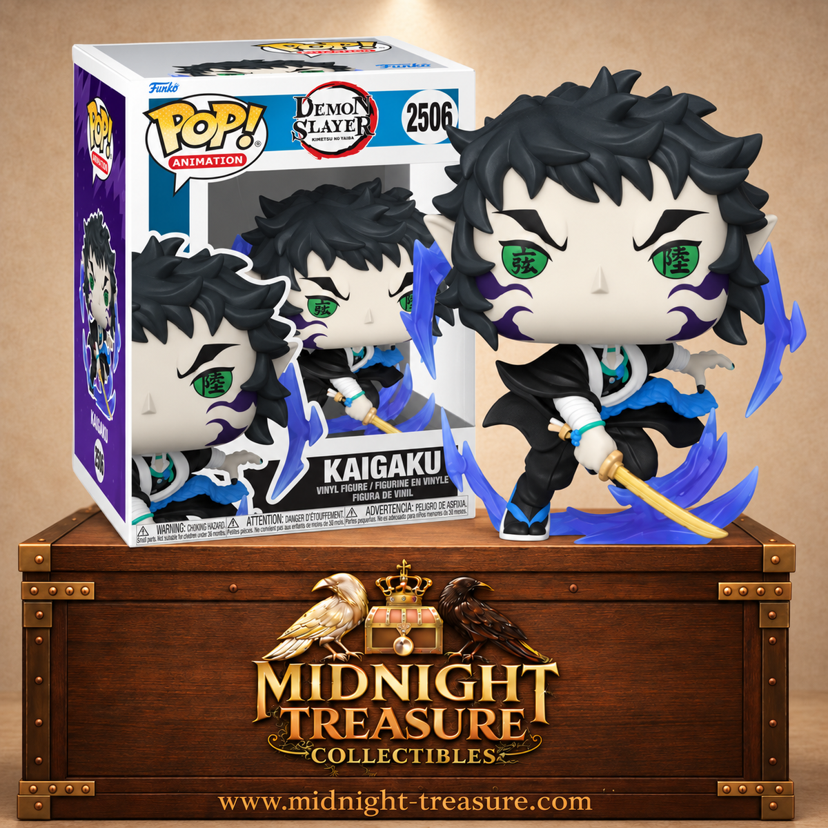 Funko Pop! Animation N°2506 Kaigaku de Demon Slayer avec sabre doré, yeux démoniaques et éclairs bleu-violet.