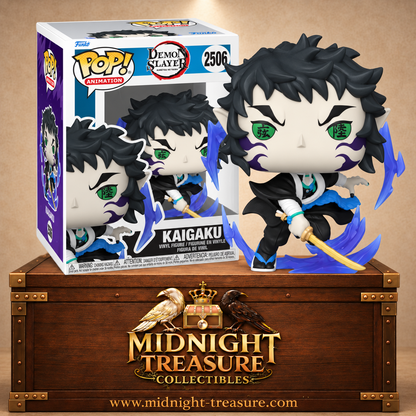 Funko Pop! Animation N°2506 Kaigaku de Demon Slayer avec sabre doré, yeux démoniaques et éclairs bleu-violet.