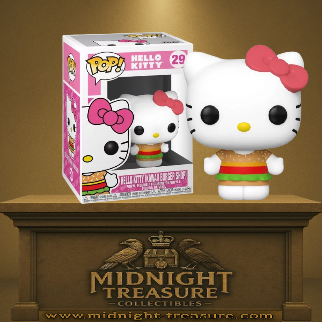 Funko Pop! Sanrio – Hello Kitty – Kawaii Burger Shop (N°29). Hello Kitty portant une robe inspirée d’un hamburger, figurine Funko Pop au style kawaii.