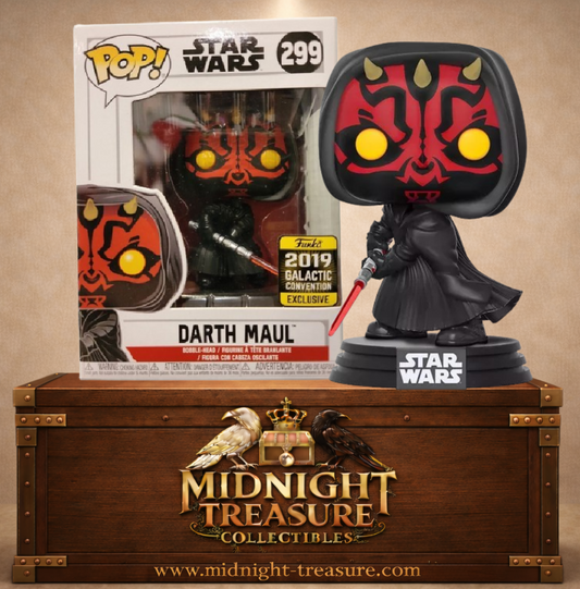 Funko Pop! Star Wars N°299 – Darth Maul – Galactic Convention 2019 Exclusive. Figurine avec sabre laser rouge et sticker exclusif.