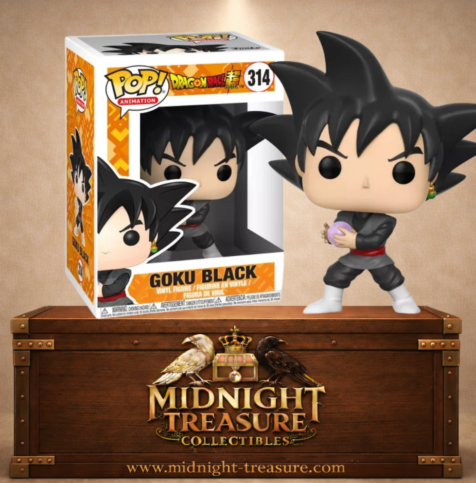 Funko Pop! Animation N°314 – Goku Black – Dragon Ball Super. Figurine avec tenue noire et sphère d’énergie violette.