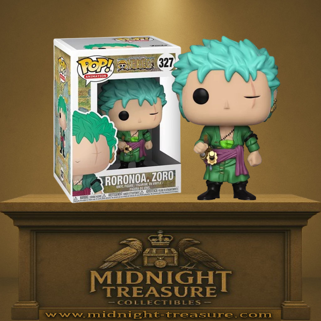 Funko Pop! One Piece – Roronoa Zoro (N°327). Sabreur aux cheveux verts, cicatrice à l’œil gauche, tenue verte et sabres à la ceinture.