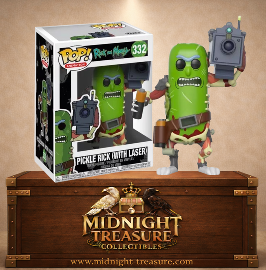 Funko Pop! Animation N°332 – Pickle Rick with Laser de Rick and Morty avec son corps construit à partir de rats, son laser artisanal et sa pile de recharge.