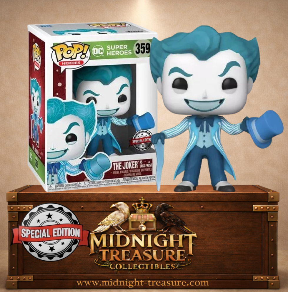 Funko Pop! Heroes N°359 – The Joker as Jack Frost (Le Joker en Jack Frost), Special Edition (Édition Spéciale) DC Super Heroes avec costume bleu, haut-de-forme et canne glacée.