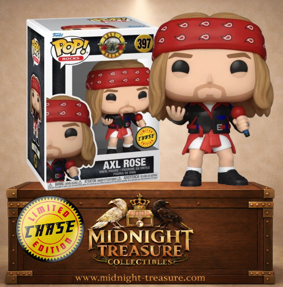 Funko Pop! Rocks N°397 – Axl Rose Chase Edition avec bandana rouge, veste noire et rouge de scène et micro inspiré des concerts de Guns N' Roses.