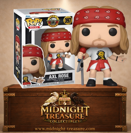 Funko Pop! Rocks N°397 – Axl Rose avec son célèbre bandana rouge, son micro et sa tenue de scène iconique inspirée de Guns N' Roses.