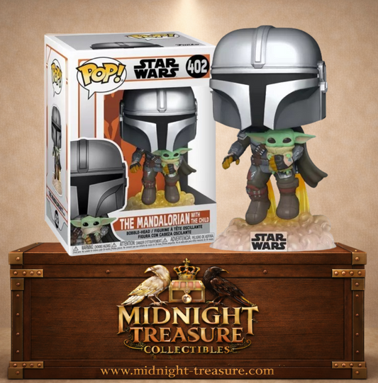 Funko Pop! Star Wars N°402 – Le Mandalorien avec l’Enfant en vol – The Mandalorian. Figurine avec jetpack en action et effet de flammes.